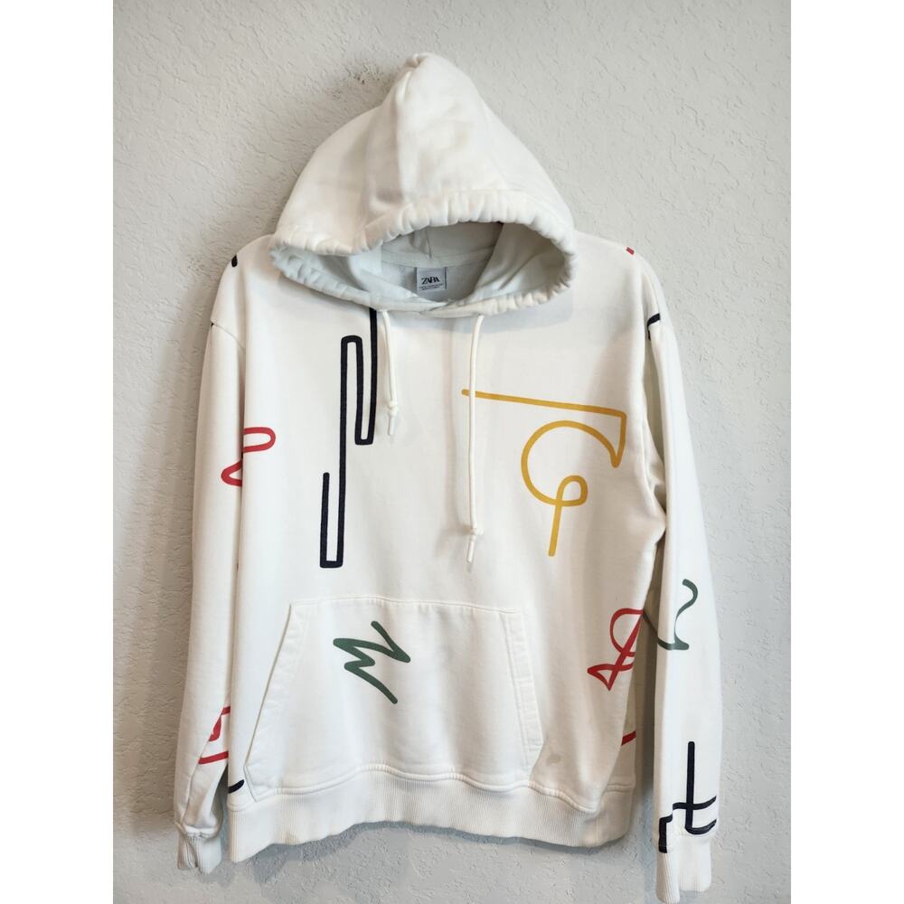 ZARA Men's Graphic Print Hoodie – Size M – White Multicolor Abstract Design